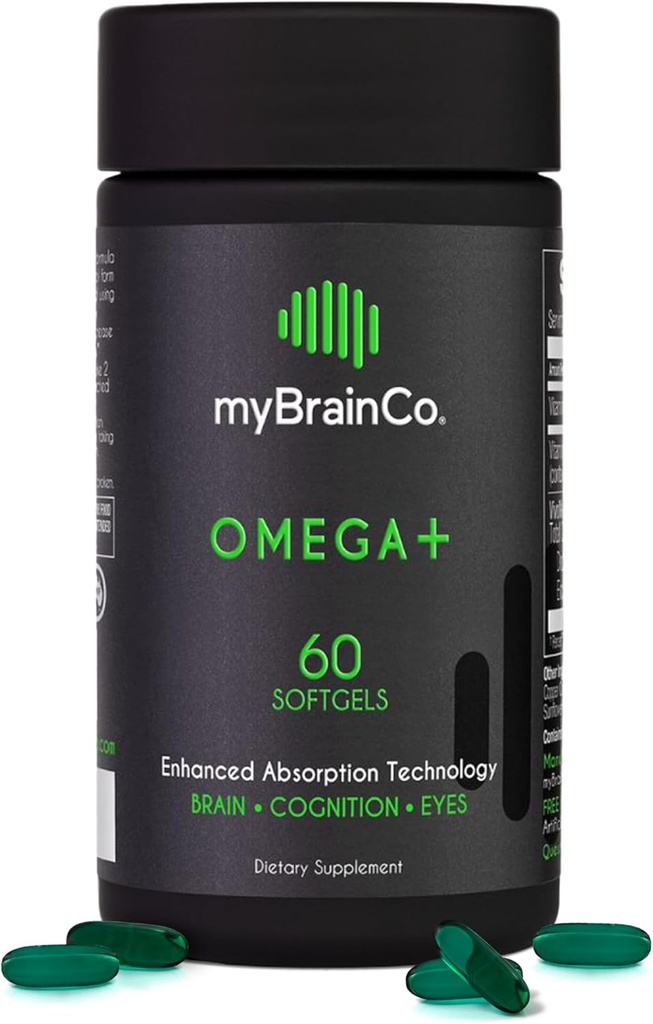 myBrainCo - OMEGA+ - Supplément EPA DHA Omega 3 avec tocotriénols vitamine E - soutient la santé cérébrale, la fonction cognitive, l'équilibre de l'humeur, la santé oculaire et l'immunité - Supplément santé cérébrale (60 Softgels)