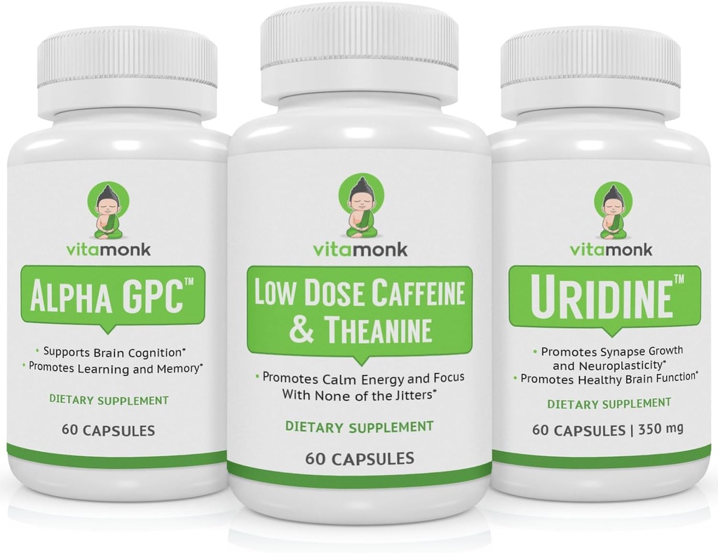 Bundle pour stimuler le cerveau VitaMonk - Alpha GPC, Uridine et caféine à faible dose + L-Theanine Duo