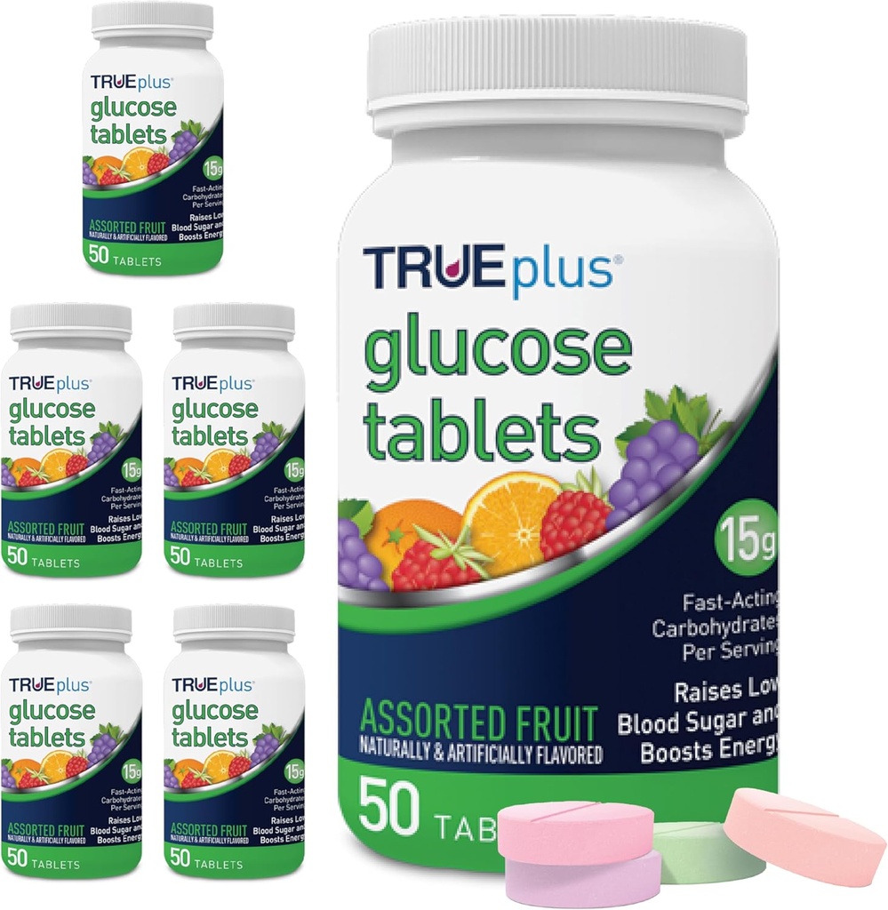Comprimés de glucose TRUEplus®, arômes assortis (grape, framboise, orange) - Flacon de 50ct - 6 emballages