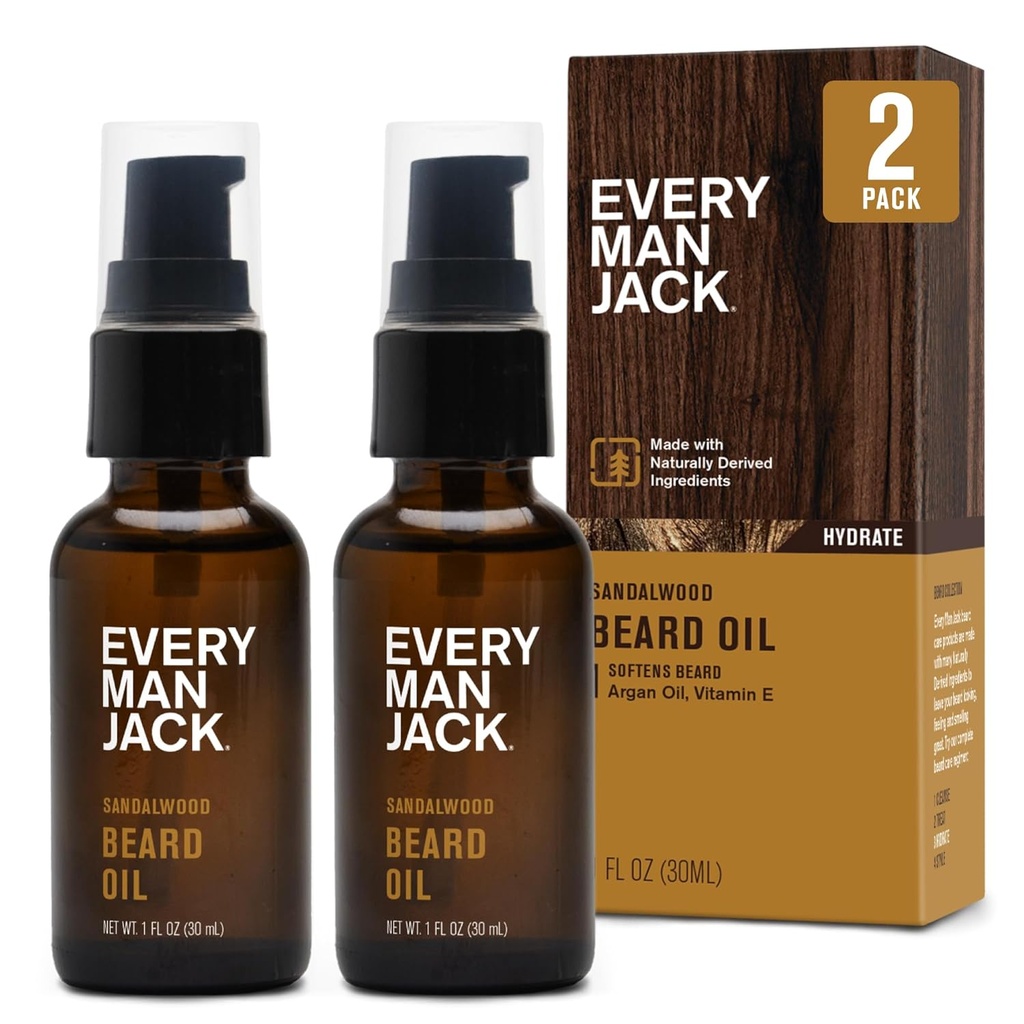 Chaque homme Jack huile de bois de sandale - Hydrater et adoucir votre barbe - Démangeaisons et flocons - Fabriqué avec/naturellement dérivés ingrédients comme la vitamine E, huile d'argan et huile de bore - 1 oz - 2 pack