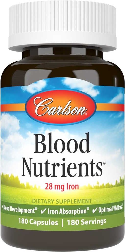 Carlson - Nutriments sanguins, 28 mg de fer, développement sanguin, absorption de fer et bien-être optimal, 180 capsules