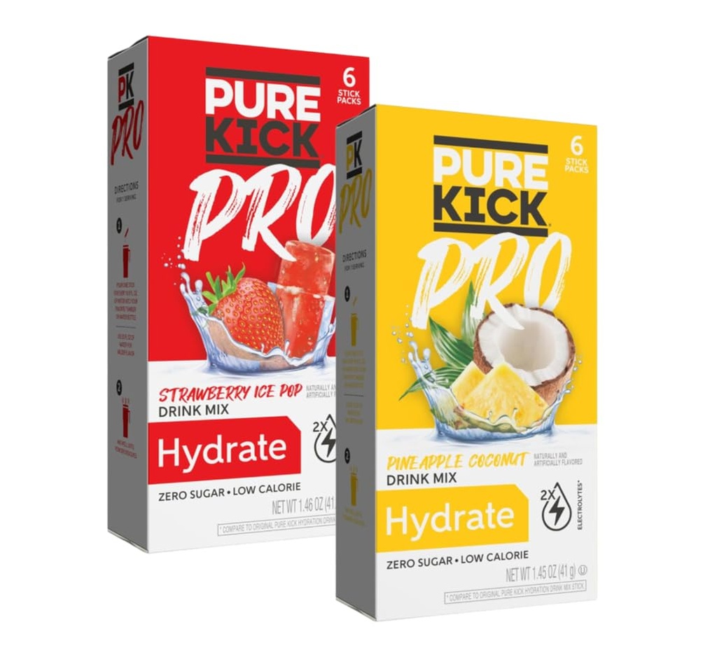 PURE KICK PRO Hydratation Mélange de boissons électrolytes, de noix de coco et de fraise Pop, 12 paquets