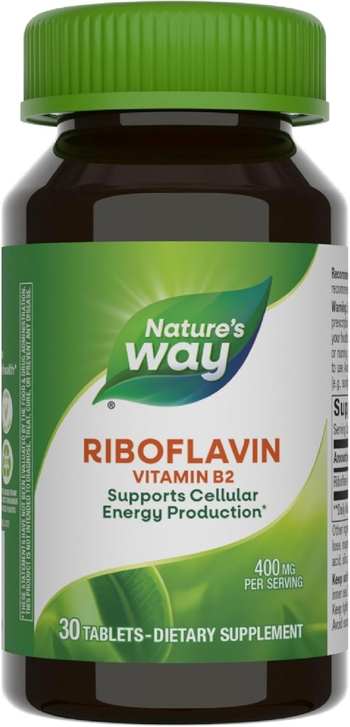Nature's Way Riboflavine Vitamine B2, soutient la production d'énergie cellulaire*, végétalien, 30 comprimés (paquetage mai Vary)