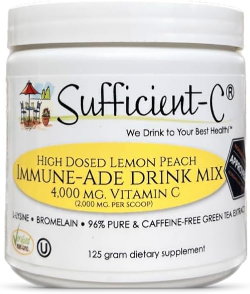 Suffisamment-C haute dose non-OGM vitamine C Lemon Peach Immune-Ade boisson mélange, pratique 125 Gram taille w/L-lysine, Bromelain & un Premium 96% extrait de thé vert pur - estomac amical, support adrénal