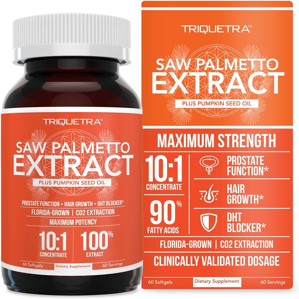 Saw Palmetto Extract – 10X Potency, Pharmaceutical Grade Strength - Plus huile de graines de citrouille - soutient la santé de la prostate, soulage les problèmes d'urine, soutient la croissance des cheveux, DHT Blocker – 60 Softgels