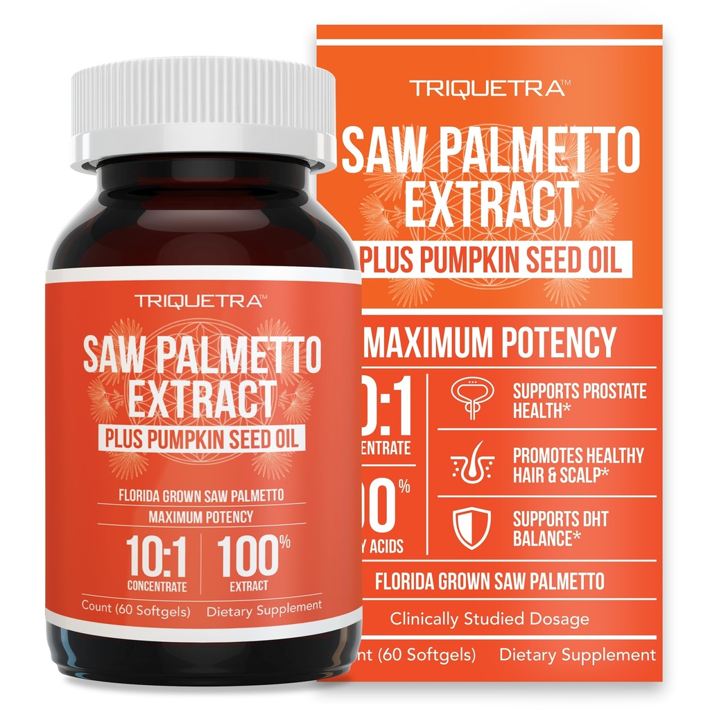 Saw Palmetto Extract – 10X Potency, Pharmaceutical Grade Strength - Plus huile de graines de citrouille - soutient la santé de la prostate, soulage les problèmes d'urine, soutient la croissance des cheveux, DHT Blocker – 60 Softgels