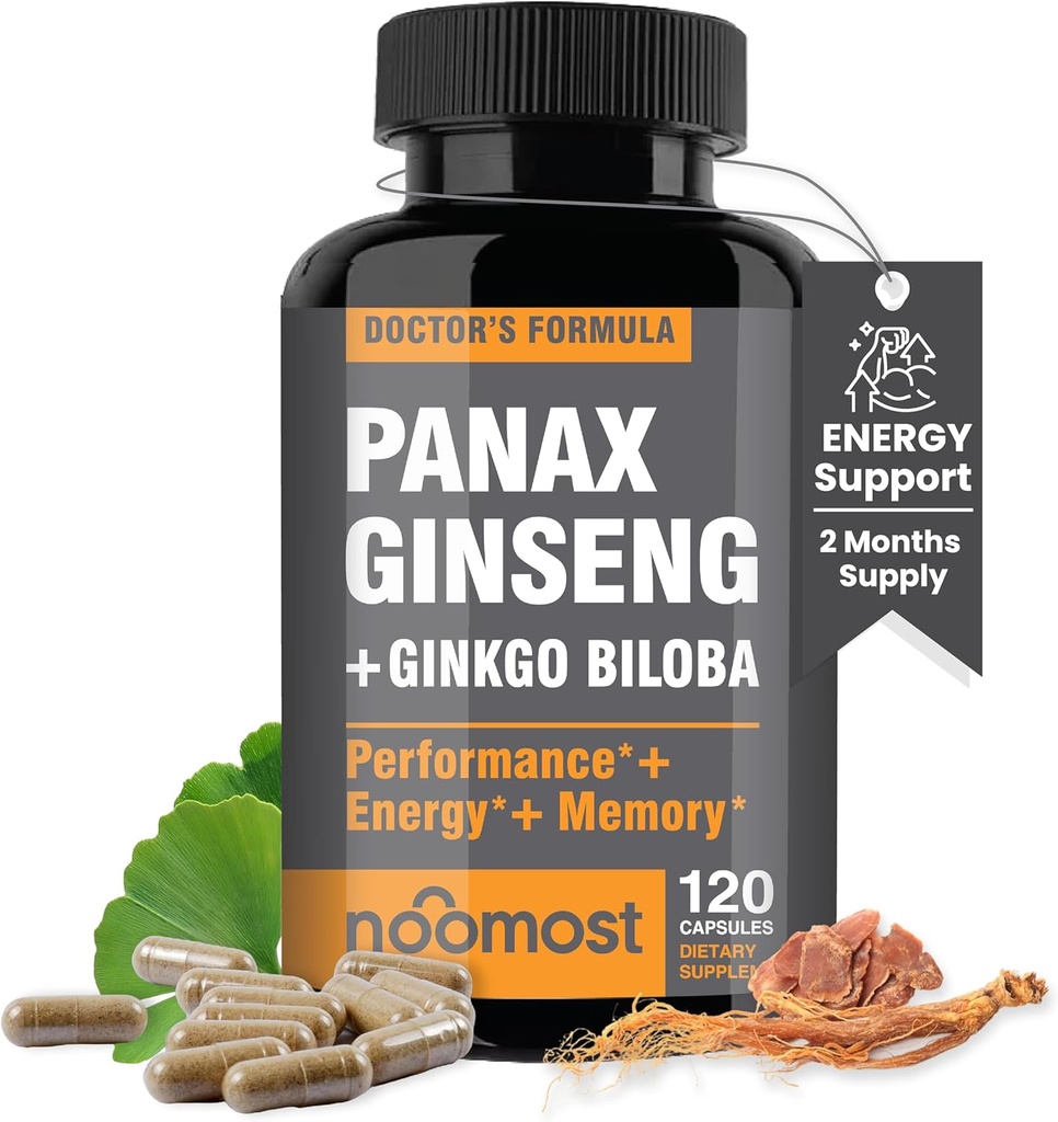 NooMost Authentic Korean Red Panax Ginseng + Ginkgo Biloba, 120 Capsules Vegan, Poudre d'extrait de racine de Ginseng 1000mg (10% Ginsénosides) + Gingko Biloba 60mg, Pilules d'énergie et de focus pour hommes et femmes