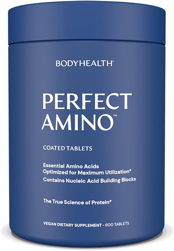 BodyHealth PerfectAmino (600 ct) Comprimés faciles à avaler, suppléments essentiels d'acides aminés avec BCAA, protéines véganes pour pré/post entraînement et récupération musculaire avec Lysine, Tryptophane, Leucine, méthionine