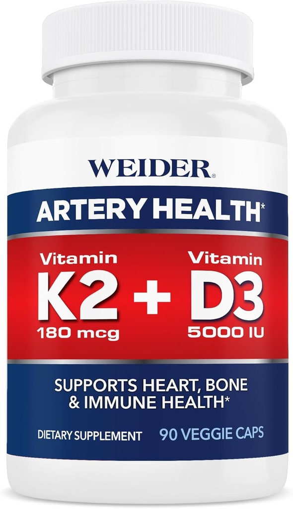 Weider Artery Health Supplement, Vitamin K2 (180mcg) & Vitamin D3 (5000iu), 90 Veggie Capsules