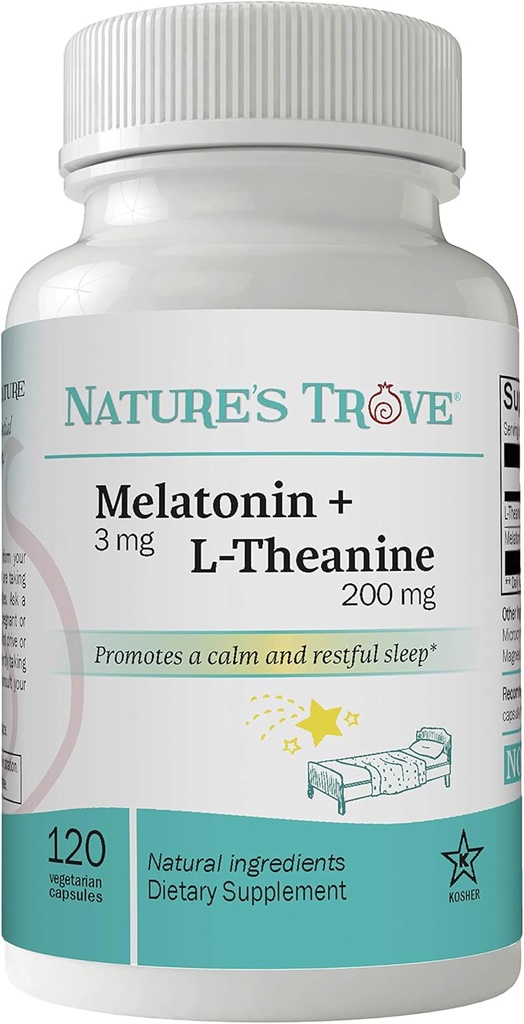Nature's Trove Melatonine 3mg + L Theanine 200mg – Calme et relaxation – 120 capsules végétariennes casher