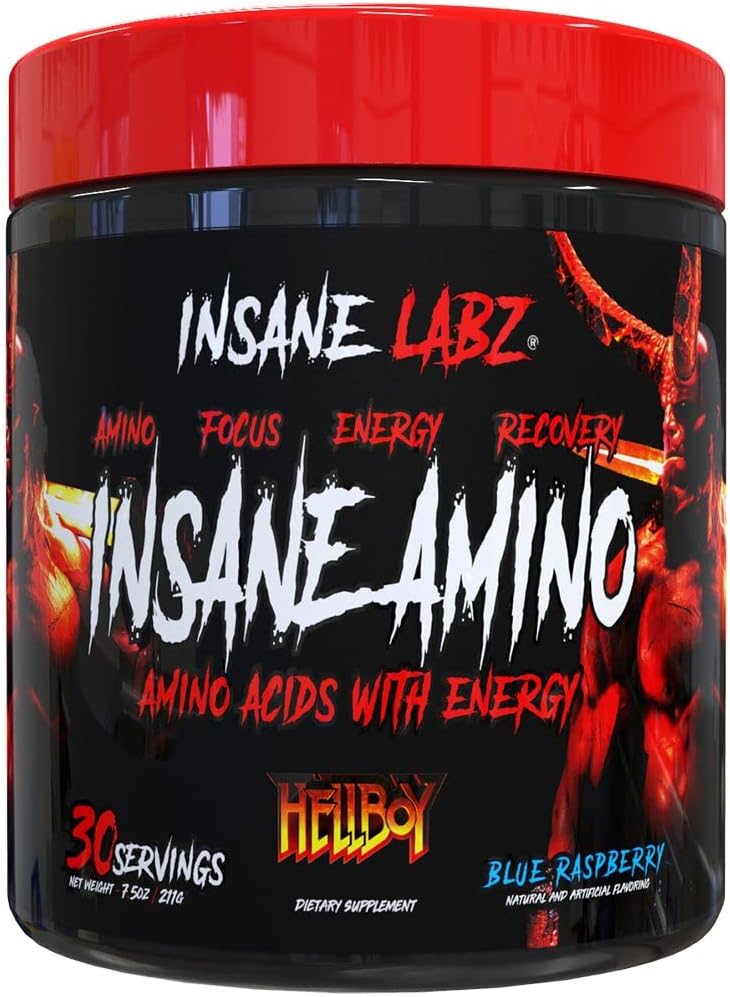 Insane Labz Insane Amino Hellboy Edition, BCAA avec Energy Focus Récupération musculaire, poudre intra-entraînement, 2 1 1 Chaîne ramifiée Amino poudre acide, 30 Srvgs, framboise bleue
