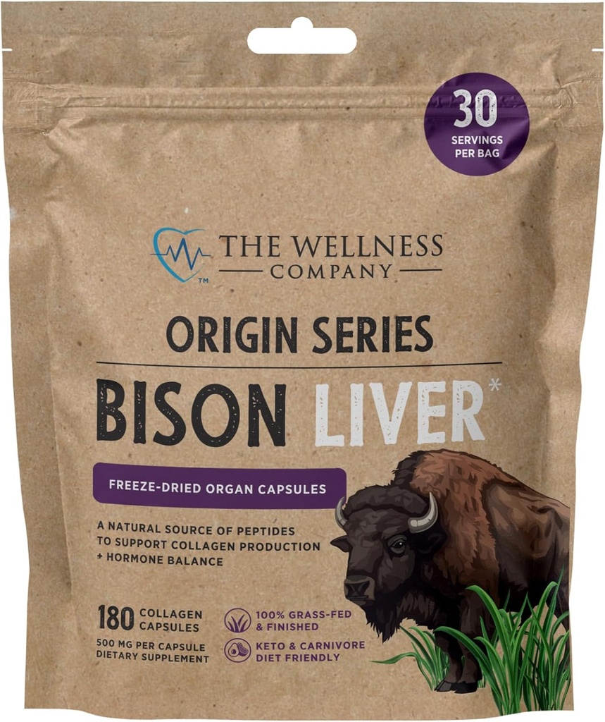The Wellness Company Bison Liver | 180 Collagen Capsules (1 Month Supply) | 100% Grass-Fed Freeze-Dried Organ | Non-GMO, Gluten-Free | Boosts Metabolism & Supports Collagen Production