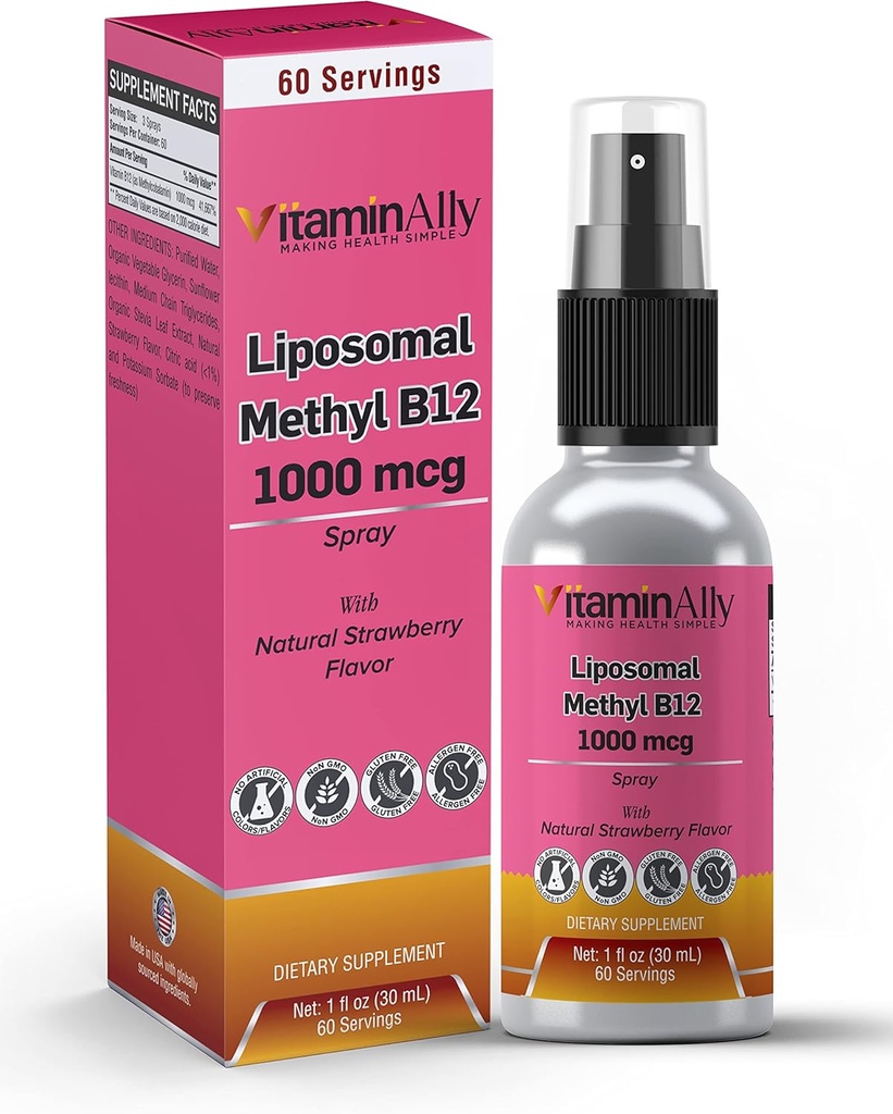 Vitamine liposomale B12 Spray de 60 portions de 2 mois Supply de 1 mois non-OGM de non-OGM de non-ajout de sucres sans gluten de voyage accepte l'énergie, la santé nerveuse et la fonction cérébrale