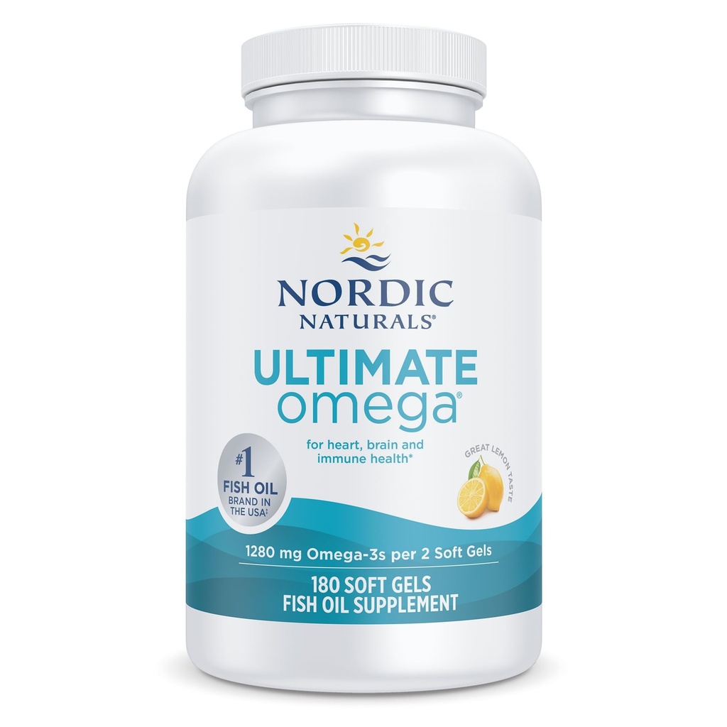 Nordic Naturals Ultimate Omega, Lemon Flavor - 180 gels mous - 1280 mg Omega-3 - Huile de poisson de haute puissance avec EPA et DHA - Promotion de la santé cérébrale et cardiaque - Non-OGM - 90 portions