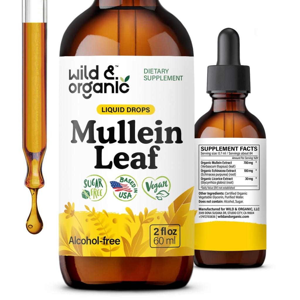Gouttes de Mulléine sauvage et biologique pour les poumons - Détox pulmonaire et nettoyage - Teinture de feuille de Mulléine liquide avec racine d'échinacée et de réglisse - Supplément d'extrait végétalien, sans sucre et sans alcool - 2 fl oz