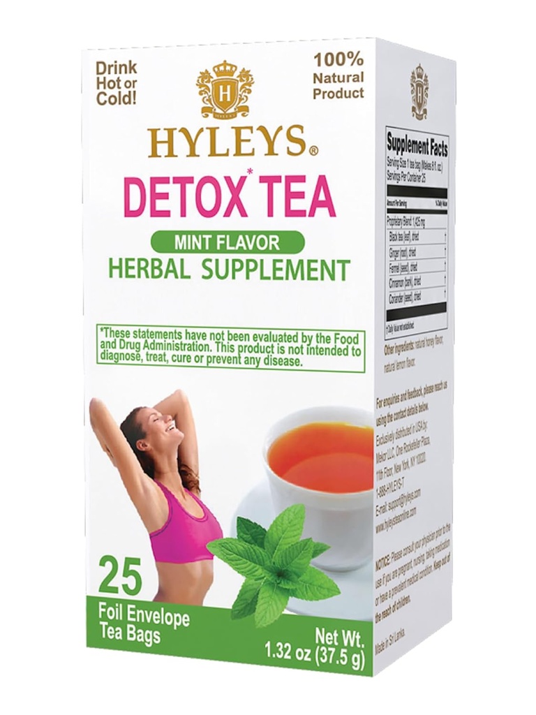 Hyleys Detox Tea for Cleanse - Green Tea with Mint, Ginger & Fennel - Supports Digestion & Detox - 25 Tea Bags (1 Pack)
