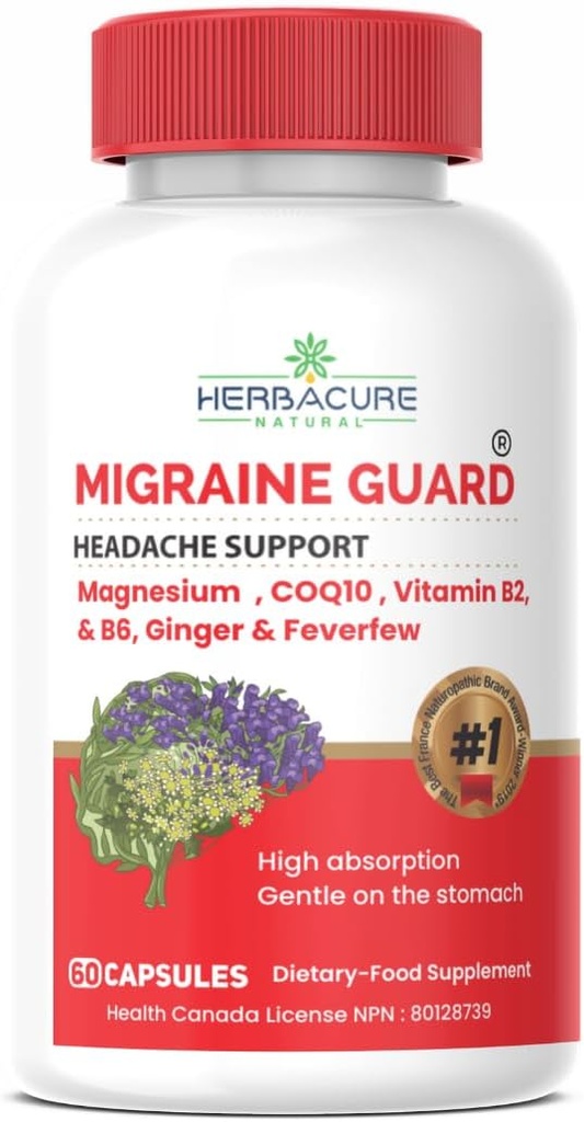 MIGRAINE Guard ® Nouvelle prévention des maux de tête de soulagement de la migraine, cliniquement prouvée COQ10, VIT B2, VIT B6, Feverfew, Magnésium GLYCINATE, Ginger, réponse exceptionnelle pendant les essais réalisés au Canada