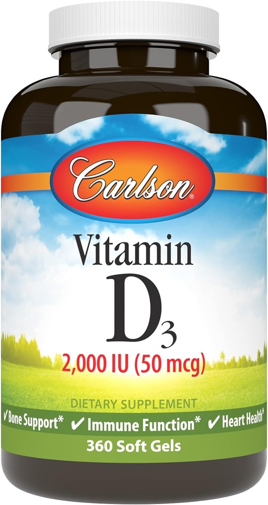 Carlson - Vitamine D3, 2000 UI (50 μg), Santé des os, Santé des muscles, Cholecalciferol, Suppléments de vitamine D, Gels souples de vitamine D3, 360 Softgels