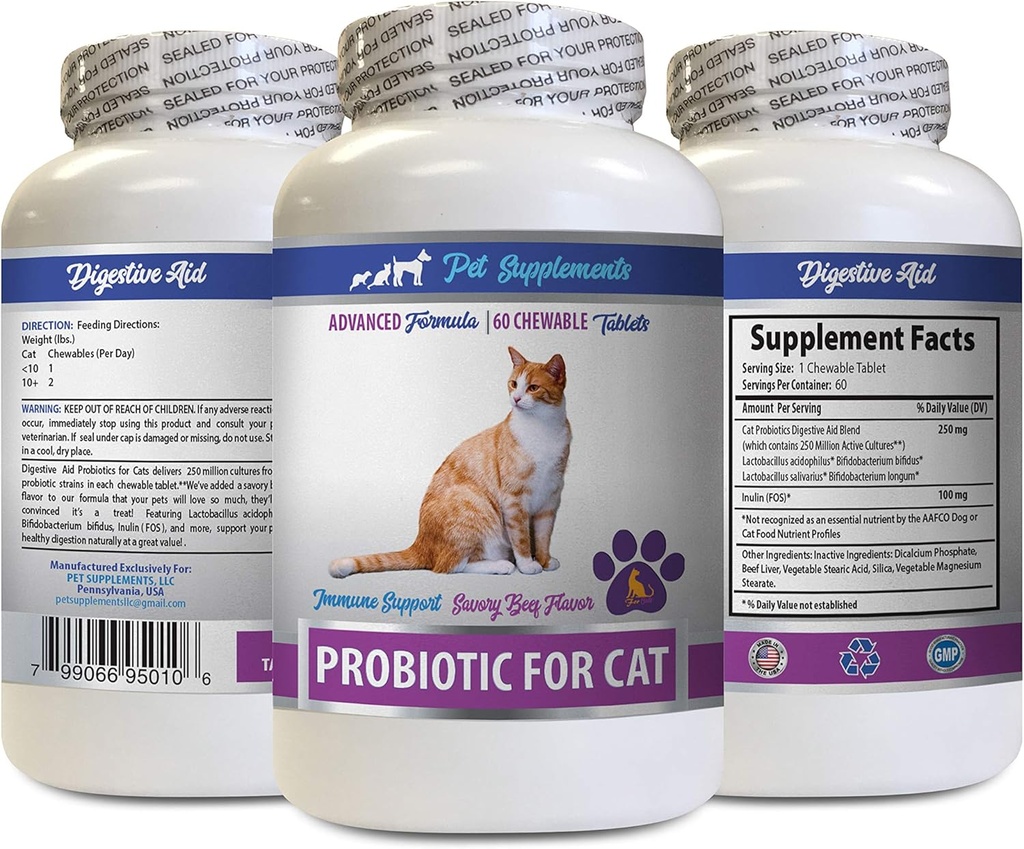 Mauvaise respiration de chat - CAT PROBIOTIS - Immune Support - Savory Beef Flavor - Formule naturelle - Meilleurs probiotiques pour les chats - 1 bouteille (60 traites)
