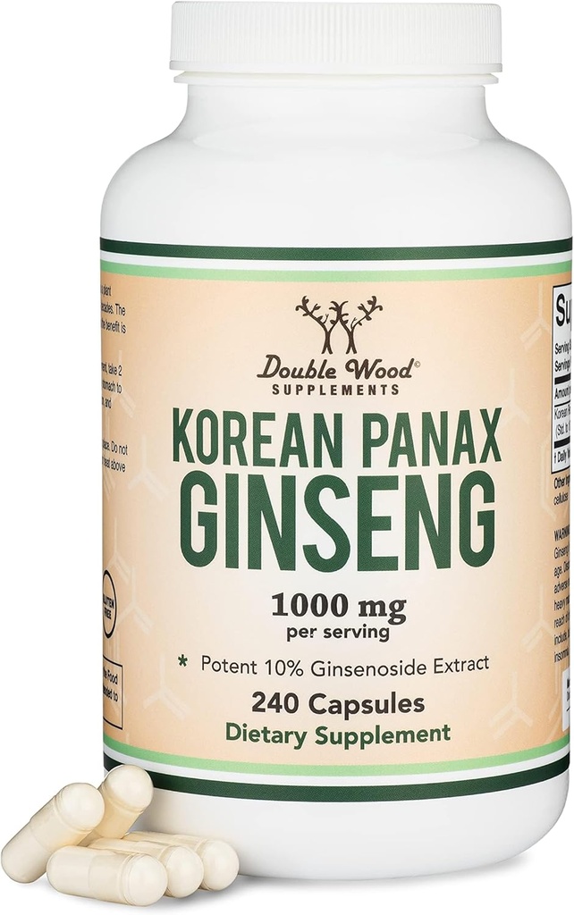 Ginseng Capsules (extrait de ginseng rouge coréen, panax Ginseng 10% Ginsénosides) (4 mois d'approvisionnement) 240 Capsules végétaliennes - 1000mg par portion pour l'humeur, la fonction cognitive et le soutien énergétique par Double Wood
