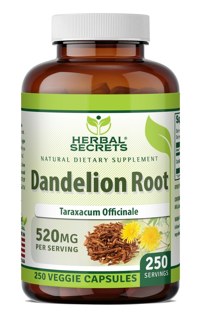 Herbal Secrets Dandelion Root 520 mg Veggie Capsules Supplement | Non-GMO | Gluten Free | Made in USA (250 Count)