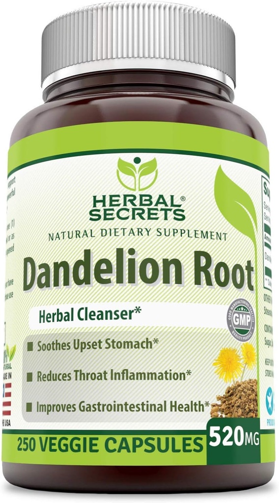 Secrets à base de plantes Racine de dandelion 520 mg Gélules Suppléments de Gluten sans OGM Fabriqué aux États-Unis (250 Nombre)
