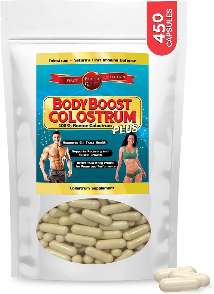 BodyBoost Colostrum Capsules, 100% Bovine Colostrum Poudre, Supplément Immune Booster avec Immunoglobulin & Lactoferrine, Super Food pour Gut Santé & Croissance musculaire, Prise variée, 450 Capsules