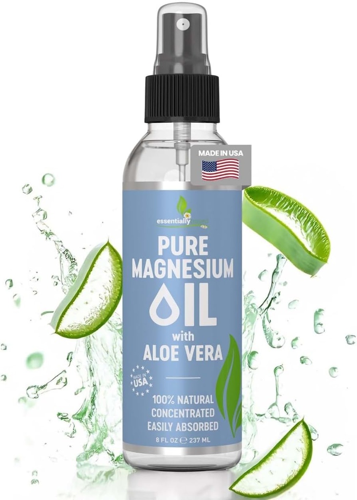Spray d'huile de magnésium pur avec Aloe Vera 8oz - Spray de magnésium topique - Moins de démangeaison - 100% huile biologique - Fabriqué aux États-Unis