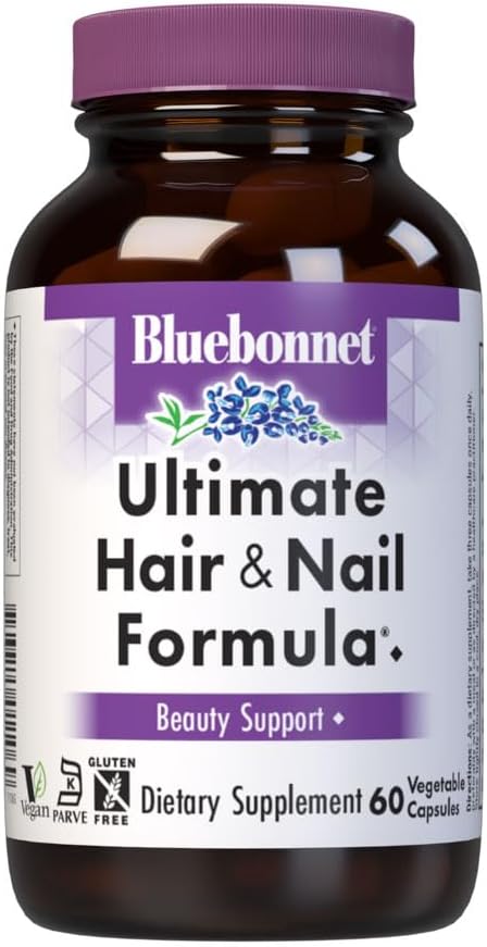 Bluebonnet Nutrition Ultimate Hair and Nail Formula, Vitamines*, Minéraux*, Nutriments spéciaux pour la beauté à l'intérieur*, Sans gluten, sans casher, sans laiterie, végétalien, 60 capsules végétales, 20 portions