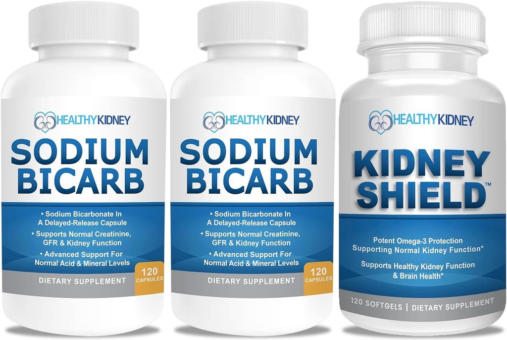 Bicarbonate de sodium 650mg Capsules pour le soulagement de l'acide, Alcalinité 120 Pills 2-Pack + Bouclier rein 120 Caps Supplément rein pour soutenir la fonction normale du rein