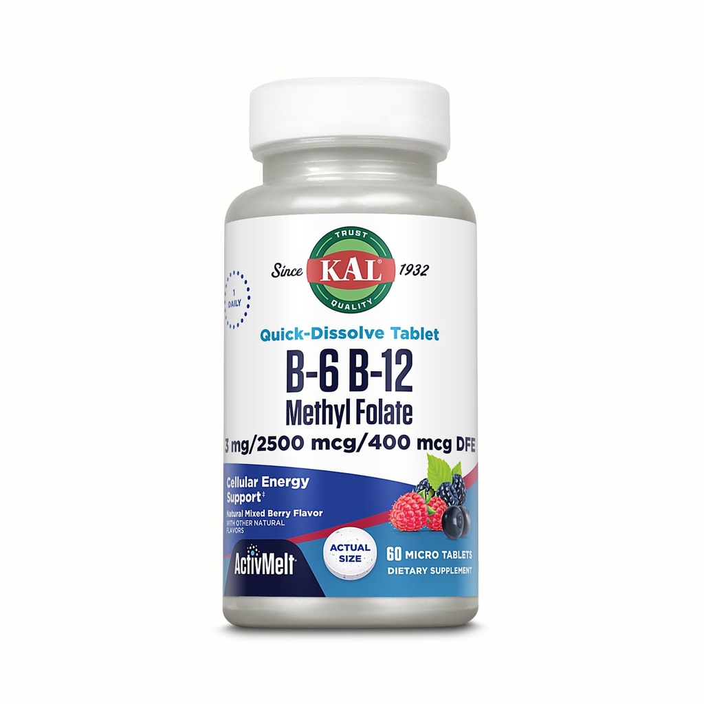 KAL Vitamine B-6 B-12 Methyl Folate ActivMelt, supplément de vitamine B, santé cardiaque, énergie et soutien des cellules du sang rouge avec le méthyl B12 et l'acide folique DFE, saveur de baie naturelle, 60 portions, 60 micro-onglets