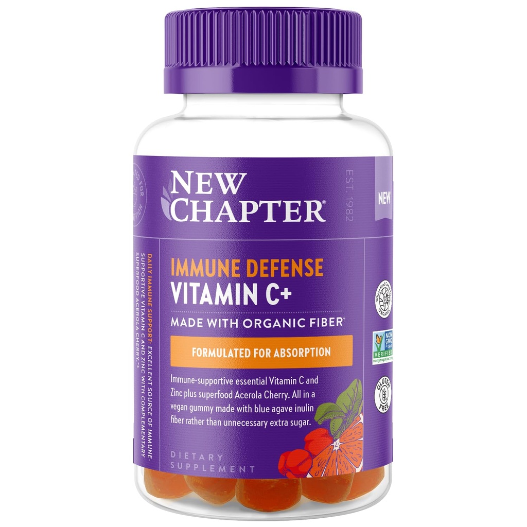 Nouveau chapitre Vitamine C+ Gommies – 35 % Moins de sucre§, Excellente source de vitamine C, Deux gommies quotidiennes pour le soutien immunitaire avec cerise acérola, végétalien, non-OGM, sans gluten, agrumes aromatisés, 60ct