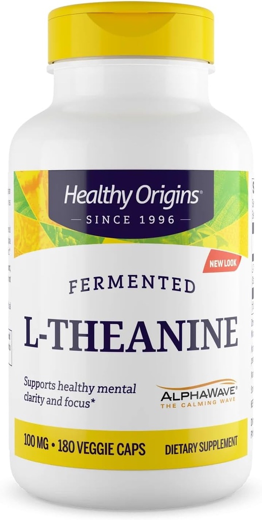 Origines saines L-Theanine 100 mg (AlphaWave, soutient la relaxation sans somnolence, soutien du cerveau, non-OGM, sans gluten), 180 capsules de légumes