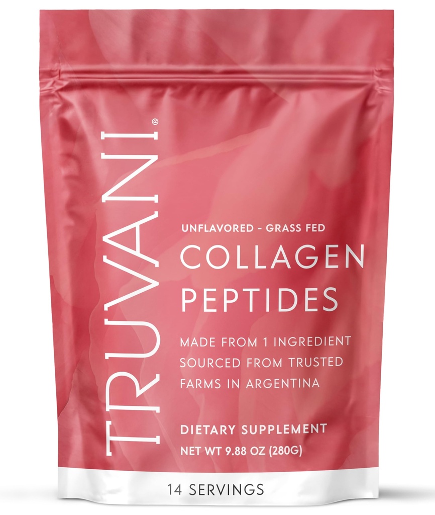 Truvani Hydrolyzed Collagen Peptides , non aromatisé , 14 portions 20g Poudre de protéines de collagène à l'herbe favorise la santé des cheveux, des ongles, de la peau et des articulations