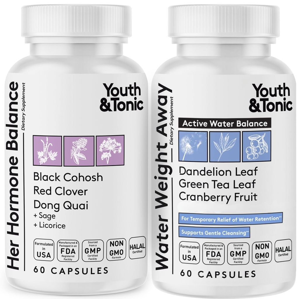 Jeunes et femmes toniques Pilules de perte de poids de l'eau pour les changements hormonaux et la rétention des fluides pendant PMS, Ménopause – Gonflement, Bloating & Hormone Balance – 120 Capsules