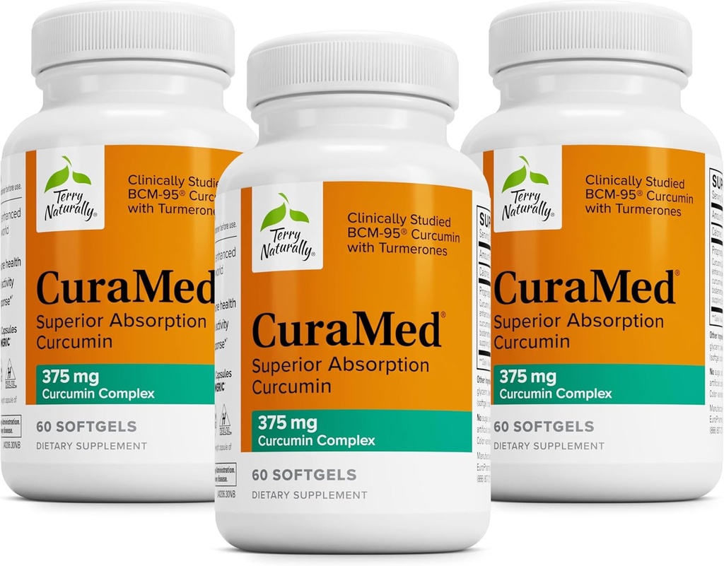 Terry naturellement CuraMed 375mg - Supplément antioxydant pour le cerveau et le soutien de la santé immunitaire - Supplément diététique avec Curcumine et huile essentielle curcumine - soutien du foie à base de plantes - 60 Softgels (paquet de 3)
