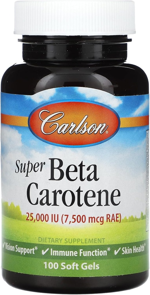 Carlson - Super Beta Carotène, 25000 UI (15 mg), vitamine A comme bêta Carotène, forme biodisponible et bioactive, santé de la vision, peau saine, 100 softgels
