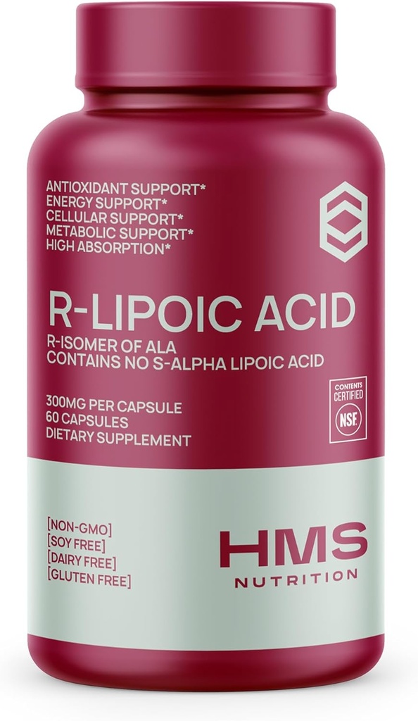 Acide R-Lipoïque stabilisé 300mg par portion, R Acide Alpha Lipoïque Supplément ALA Antioxydant pour le Nerve, l'Energie et le Métabolisme Support, Suppléments certifiés NSF, Non-OGM et Vegan,60 Capsules,2 mois d'approvisionnement