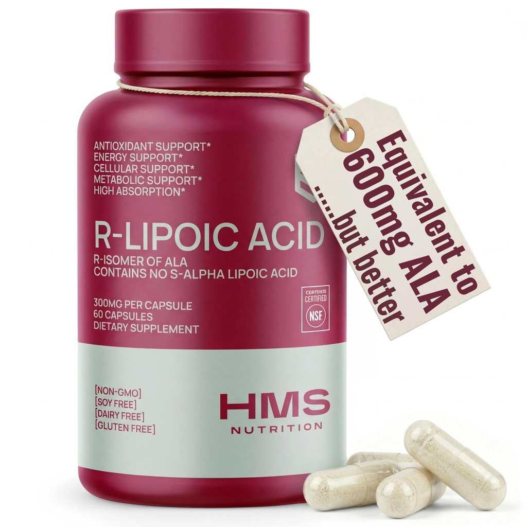 Acide R-Lipoïque stabilisé 300mg par portion, R Acide Alpha Lipoïque Supplément ALA Antioxydant pour le Nerve, l'Energie et le Métabolisme Support, Suppléments certifiés NSF, Non-OGM et Vegan,60 Capsules,2 mois d'approvisionnement