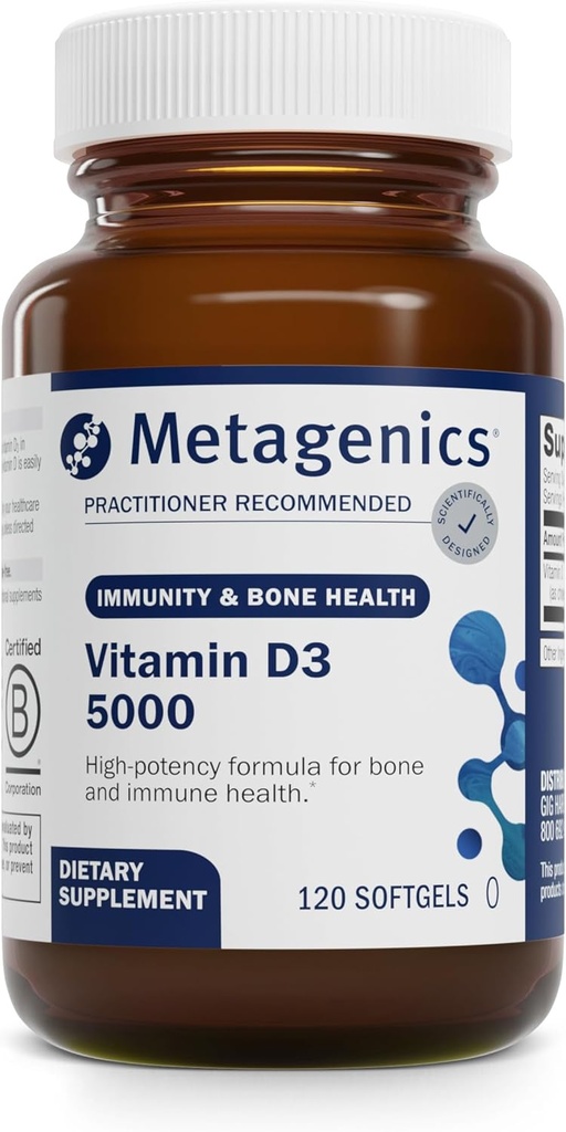 Métagène Vitamine D3 5000 - Pour le soutien immunitaire, la santé osseuse et la santé cardiaque* - Vitamine D de haute puissance - Non-OGM - Sans gluten