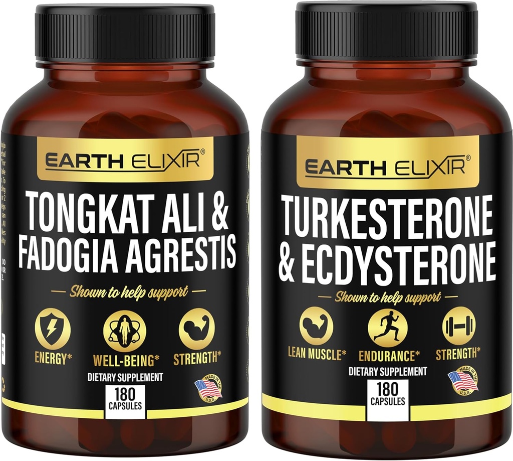 Earth Elixir Fadogia Agrestis 600mg and Tongkat Ali 500mg + Turkesterone1000mg and Ecdysterone 1000mg Supplments (180 Capsules) Bundle