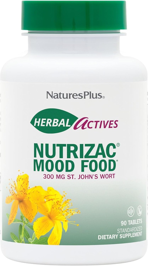 Natures Plus Herbal Actives NutriZAC Mood Food - 300 mg St Johns Wort, 90 comprimés véganes bi-layered - Potence maximale Booster naturel d'humeur - Végétarien, sans gluten - 90 portions