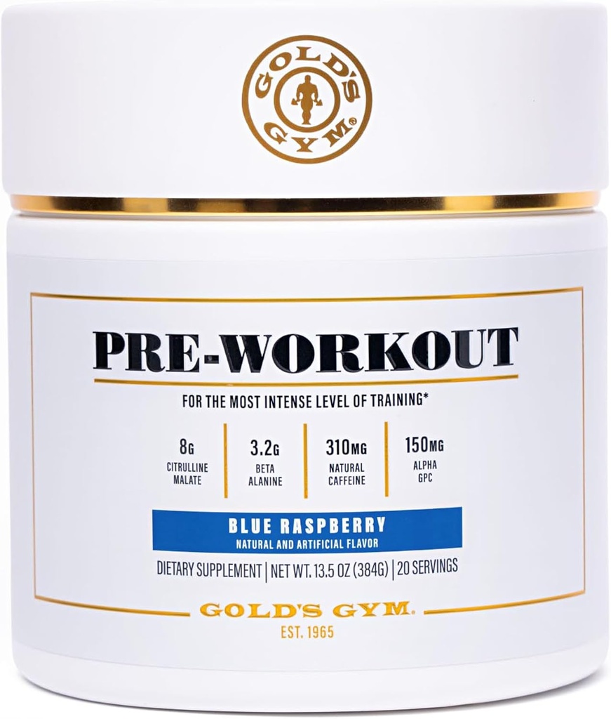 Gold Gym Nutrition Pre-Workout Powder, Keto, Vegan Premium Flavor Pre-Workout avec caféine naturelle, L-Citrulline, Alpha GPC, Beta-Alanine et Antioxydants, 20 portions (framboise bleue)
