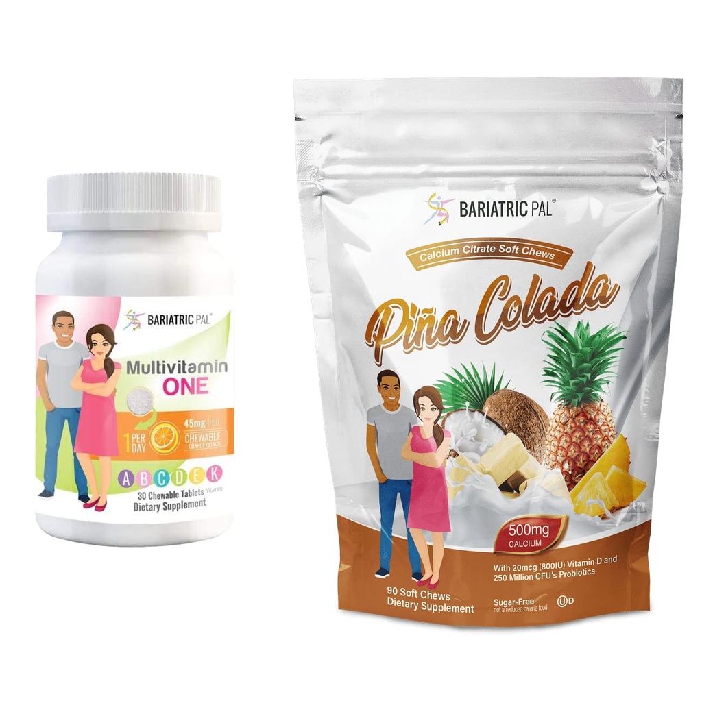 BariatricPal 30-Day Bariatric Vitamine Bundle (Multivamine ONE 1 par jour! avec 45 mg de fer à mâcher - Citrus orange et Citrate de calcium Mâches douces 500mg avec probiotiques - Piña Colada)