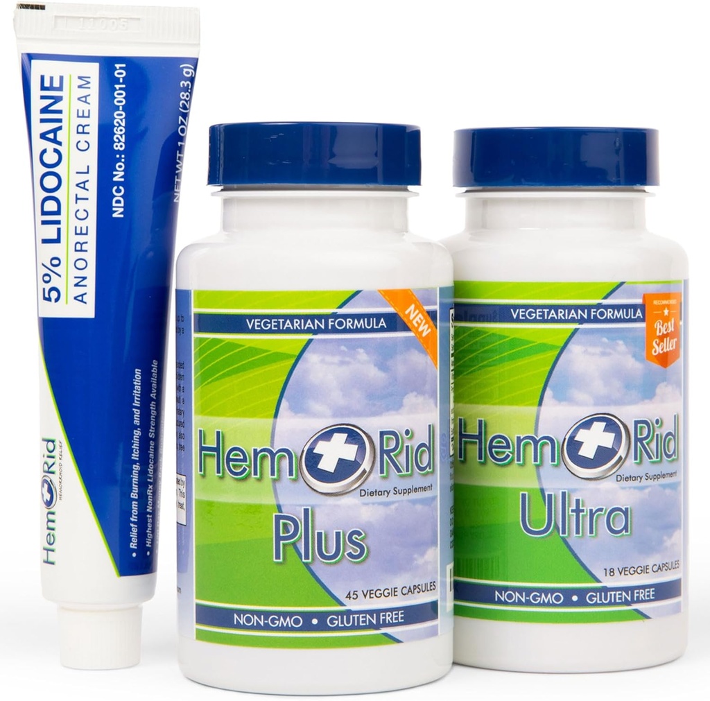 HemRid Plus, Ultra, and 5% Lidocaine Cream Bundle – Herbal Hemorrhoid Supplements and Maximum Strength Cream for Hemorrhoid Care – Triple Action Relief for Internal and External Hemorrhoids