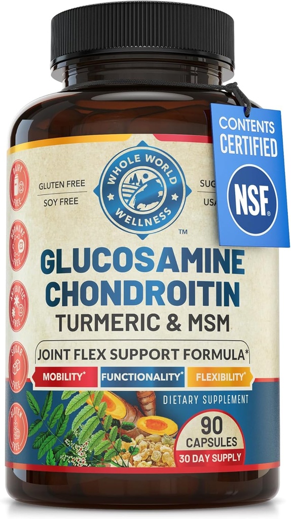 Supplément de soutien conjoint avancé avec Glucosamine Chondritin MSM Turmeric Boswelia. Soutient la réponse inflammatoire, le soulagement du malaise pour les mains de genou et les articulations. Certifié NSF, USA Made. 90 Compte