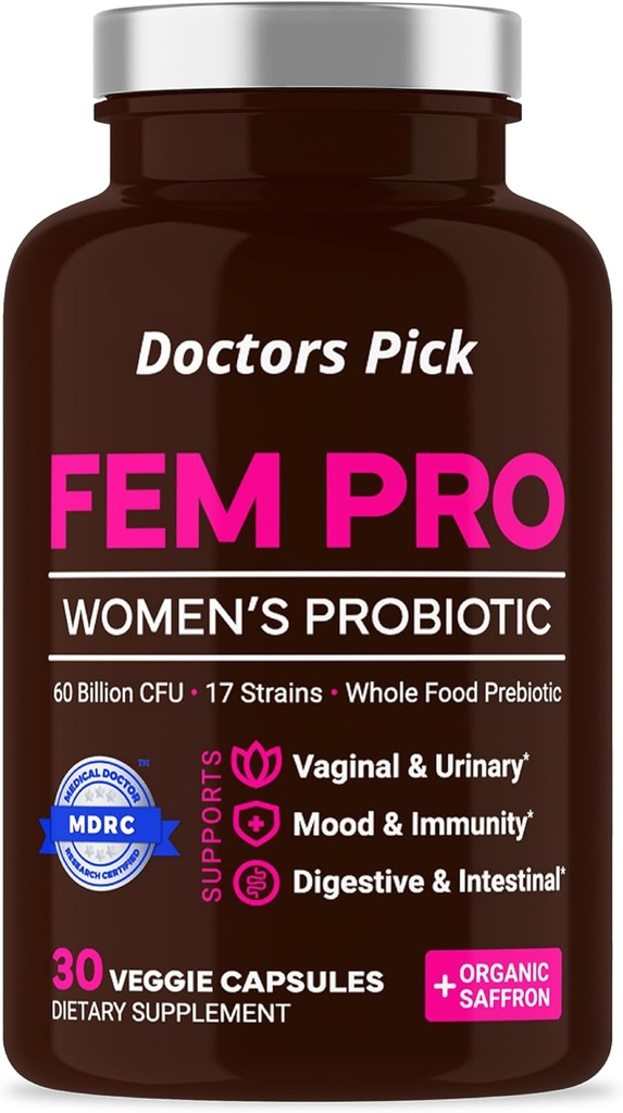 Fem Pro Probiotics for Women. 17 Clinically Effective Strains for Vaginal, Digestive & Immune Support, Urinary Tract Health, pH Balance and Mood. Organic Prebiotic, 30 Veggie Capsules
