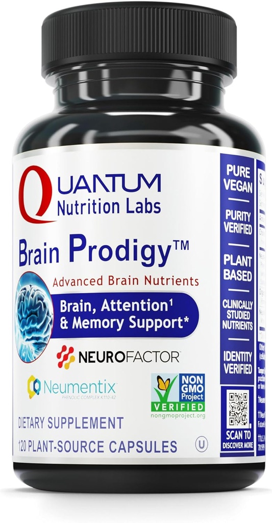 Quantum Nutrition Labs Crain Prodigy - Suppléments Cerveau pour la Mémoire et la Focus, Supplément Focus, Vitamine pour la Concentration et le Soutien Mémoire pour les Adultes, pour les Hommes et les Femmes - 120 Capsules Végétariennes