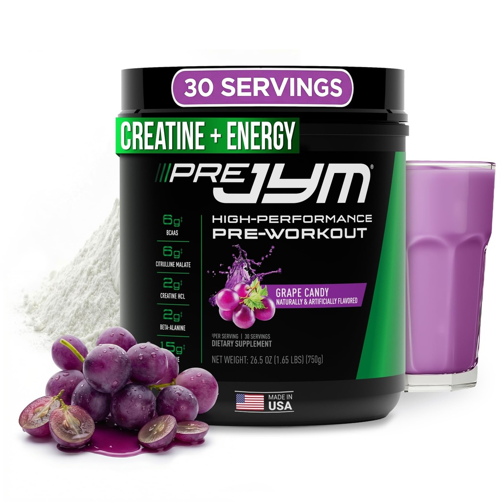 Supplément JYM Science Pre JYM Powder Pre Workout Candy pour hommes et femmes, BCAA, Nootropics, Creatine HCI, Citrulline, Beta-Alanine, Betaine, Taurine, Huperzine, 30 portions