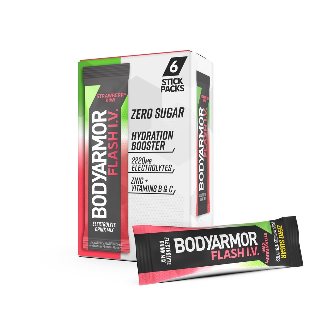 BODYARMOR Flash IV Electrolyte Packets, Fraise Kiwi - Zero Sugar Drink Mix, Packs de service unique, Poudre d'eau de coco (6 Compte)